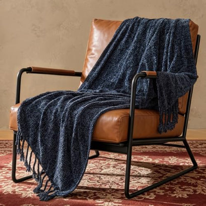BEDELITE Soft Cozy Chenille Knit Throw Blanket with Tassel,Farmhouse Boho - color: Navy, size: Throw(50"x60")