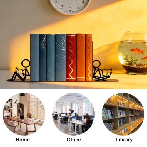 2 Pcs Metal Bookends and Heart Bookmark,Book Ends for Book Shelf,Two Reader - color: Black Siting Reader