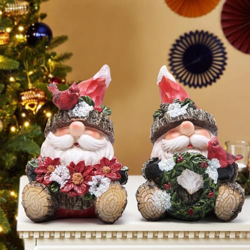 Hodao 2PCS Christmas Santa Figurines, Handmade Woodcut Xmas Holiday Decor - color: Red-2