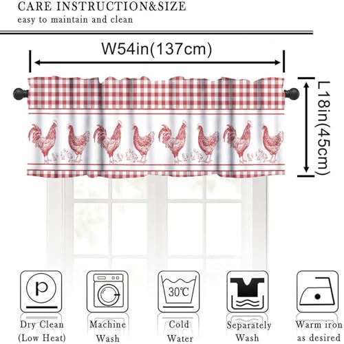 Farmhouse Rooster Kitchen Valance Curtains, Rustic Red White Buffalo Check Stripe Boho Window Treatment Valances for Dining Room Living Room 1 Panel, 54x18Inch - color: Chicken-3
