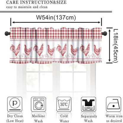 Farmhouse Rooster Kitchen Valance Curtains, Rustic Red White Buffalo Check Stripe Boho Window Treatment Valances for Dining Room Living Room 1 Panel, 54x18Inch - color: Chicken-3
