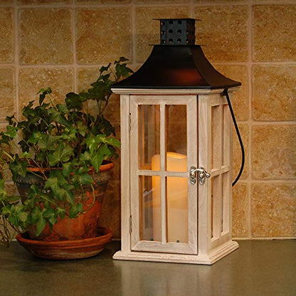 LumaBase Wooden Lantern with Battery Operated Candle - White Washed with Black Roof