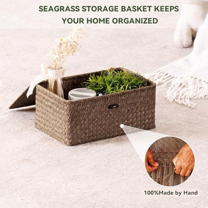Nonam Wicker Storage Basket with Lid,Seagrass Shelf Basket Set of 2,Coffee - color: Coffee-S+M