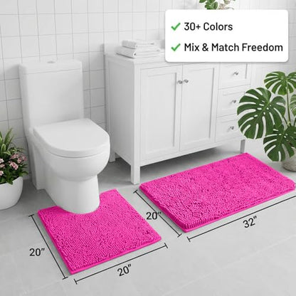 Bathroom Rugs Sets 2 Piece,Super Absorbent Chenille Bath Mats and U-Shaped Toilet Rug,Strong PVC Non Slip Backing,Microfiber Washable Dry Quickly Bath Mats for Bathroom(20"x32"+20"x20"U,Hot Pink) - color: Hot Pink