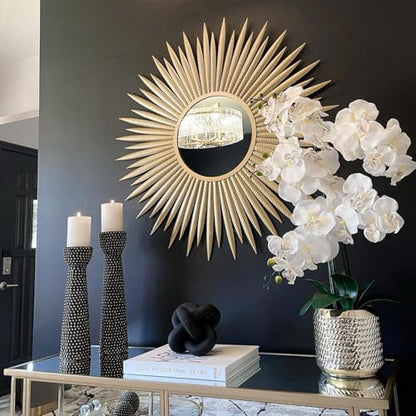 homary Sunburst Wall Mirror, 33.7" Gold Accent Mirror with Embossed Metal Frame for Living Room, Entryway, or Bedroom Decor (1, Style-A)