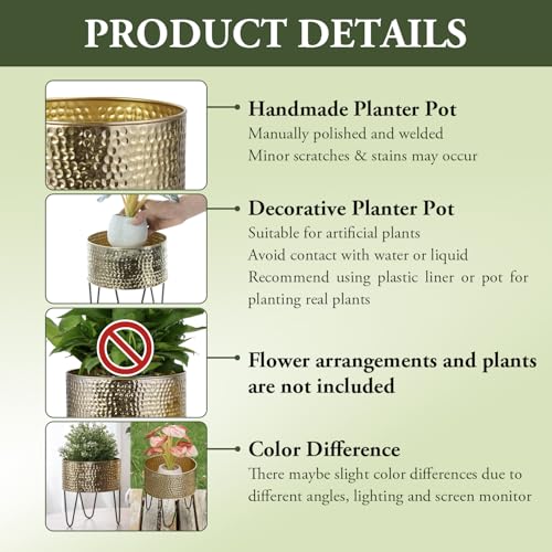 MyGift Modern Brass Metal Plant Containers with Matte Black Stands, 2 Pc