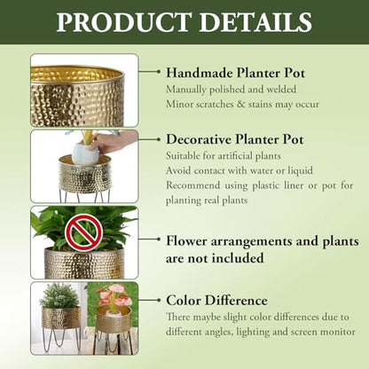 MyGift Modern Brass Metal Plant Containers with Matte Black Stands, 2 Pc