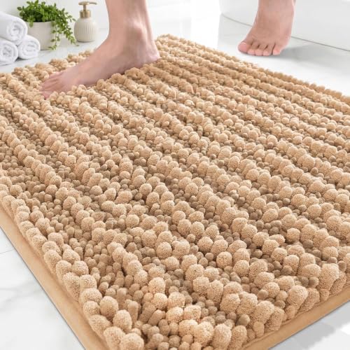 Disolla Small Bath Mat 17x24 Inch - Chenille Beige Bathroom Rug, Extra Soft Absorbent Plush Shaggy Bathmat, Non-Slip Machine Washable Floor Mat for Shower, Tub and Sink - color: Beige, size: 1'5" x 2' (17''x24'' Mini Bathroom Rug)