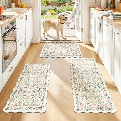 Yamaziot Boho Anti Fatigue Kitchen Rug Set of 3 Scalloped Beige & Pink - color: Beige & Pink, size: 17.3"x29"+17.3"x35"+17.3"x47"
