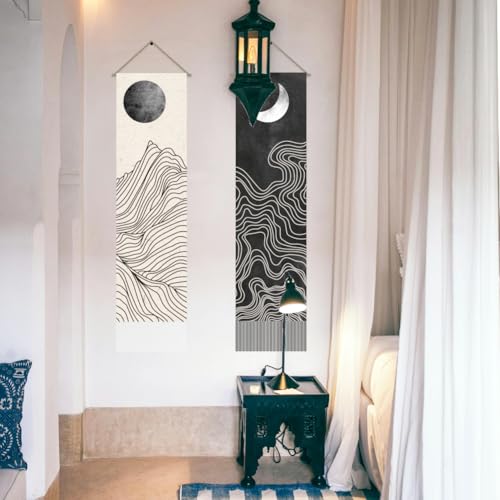 AHANDMAKER 2Pcs Boho Line Sun and Moon Tapestry, Black and White Sun Moon Long Vertical Tapestry Wall Hanging, Minimalist Abstract Tassel Wall Aesthetic Tapestry for Bedroom Living Room, 45.7x13Inch - color: Sun and Moon