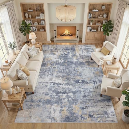 cotiled 10x14 Area Rugs Living Room: Washable Abstract Rug Blue Gold - color: Blue/Gold, size: 10' x 14' (Rectangular)