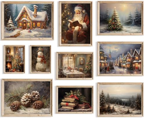 KBKBART Christmas Wall Art Prints Set of 10 Rustic Xmas Wall Decor Unframed - color: Christmas Wall Art