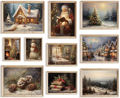 KBKBART Christmas Wall Art Prints Set of 10 Rustic Xmas Wall Decor Unframed - color: Christmas Wall Art