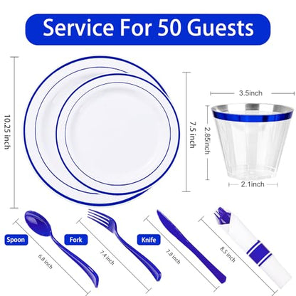 WELLIFE 350 Pieces Blue Plastic Plates - Disposable Silverware and Cups, Include: 50 Dinner Plates 10.25”, 50 Dessert Plates 7.5”, 50 Blue Cups 9 OZ, 50 Plastic Cutlery - color: Blue, style: 350PCS（50 Guests）