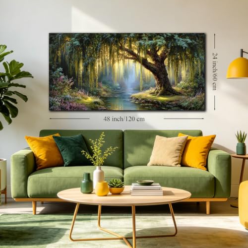 MXUNYZ Green Willow Tree Picture for Living Room Botanical Nature Painting - color: Green, size: 48"L x 24"W