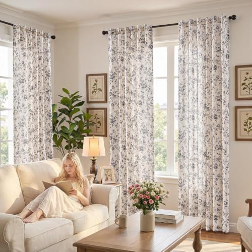jinchan Linen Curtains 96 inch Black Floral Farmhouse Rod Pocket 2 Panels - color: Amlie Black, size: 50"W x 96"L (Pack of 2)