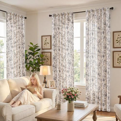 jinchan Linen Curtains 96 inch Black Floral Farmhouse Rod Pocket 2 Panels - color: Amlie Black, size: 50"W x 96"L (Pack of 2)
