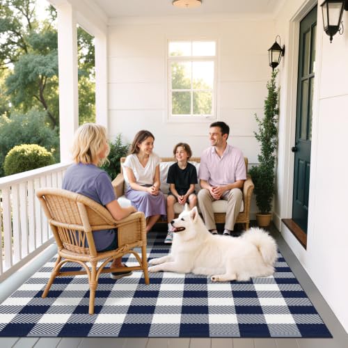 Outdoor Rugs, Blue and White Area Rug Checkered 4’x 6’ - color: Blue & White, size: 4' x 6' (Rectangular)