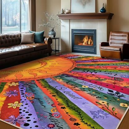 Likiyol Sun Rugs for Living Room 6x9 Area Rug, Non Slip Washable Rugs for Bedroom Soft Faux Wool Inspirational Living Room Rug, Large Carpet Low Pile for Dining Room, Home Office Decor - size: 6' x 9' (Rectangular)
