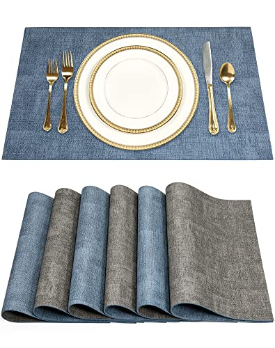SUEH DESIGN Leather Placemats Table Mats Set of 6, Denim Blue & Smoky Gray - color: A: Denim Blue & Smoky Gray