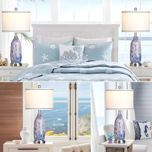Rinweey 26" Coastal Glass Table Lamps Set of 2,Nautical lamp with USB A+C Ports & AC Outlet,Bule Bedside Lamps with 3-Way Dimmable Touch Control Night Light for Bedroom Living Room(Bulbs Included) - color: Multicolor