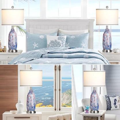 Rinweey 26" Coastal Glass Table Lamps Set of 2,Nautical lamp with USB A+C Ports & AC Outlet,Bule Bedside Lamps with 3-Way Dimmable Touch Control Night Light for Bedroom Living Room(Bulbs Included) - color: Multicolor