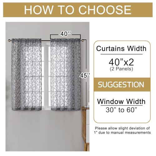 OWENIE Leyna 2 Panels Charcoal Gray Sheer Curtains 45 Inch Length, Jacquard Clip Textured Semi Small Window Curtain for Bedroom Living Room, Farmhouse Rod Pocket Leaves Drapes, 40Wx45L Inches - color: Charcoal Gray, size: 40"W x 45"L (Pack of 2)