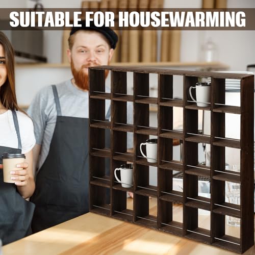 Kigley Oversize Coffee Mug Display Rack Wooden Shelves Rustic Shot Glass Display Case Travel Mug Shelf Wall Mounted Rack Holder Shadow Box(5 x 6,Dark Brown) - color: Dark Brown, style: 5 x 6