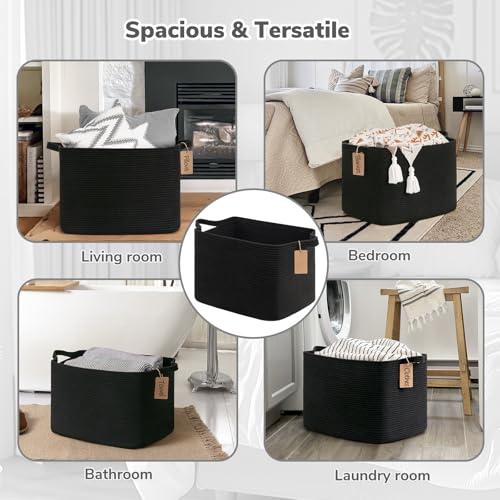 Goodpick 50L Large Woven Rope Storage Basket with Handles, Black - color: Black, size: 18"L x 14"W x 12"H