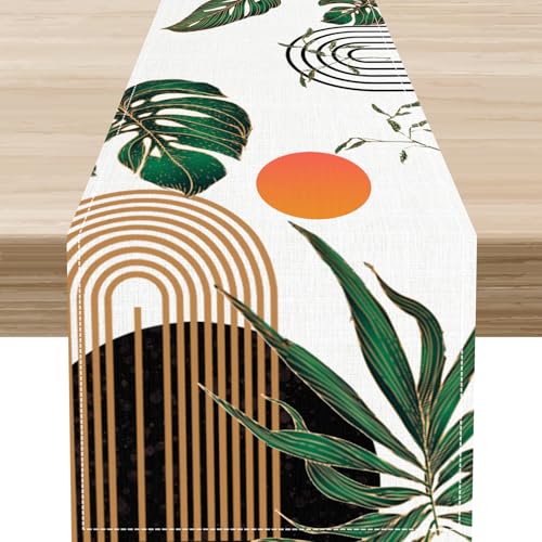 Green Boho Leaf Table Runner, Bohemian Mid Century Palm Tropical Leaf Abstract Modern Minimalism Country Table Decor ations for Kitchen Living Room Home Party Decor 13x36 inch - color: Boho Leaf-6, size: 13x36" Table Runner