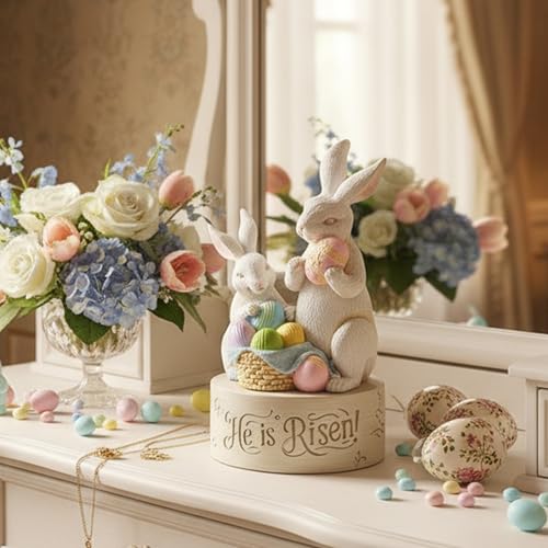 AIDLNS Christian Easter Bunny Music Box – He is Risen Religious Figurine with Cross Hope Faith Love Engraving Wind Up Music Box Play Easter Parade