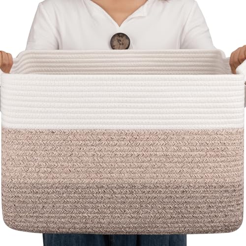 OIAHOMY Woven Blanket Basket Laundry Basket Dog Toy Basket Gradient Brown - color: Gradient Yellow, size: 17.7”x13.8”x11”