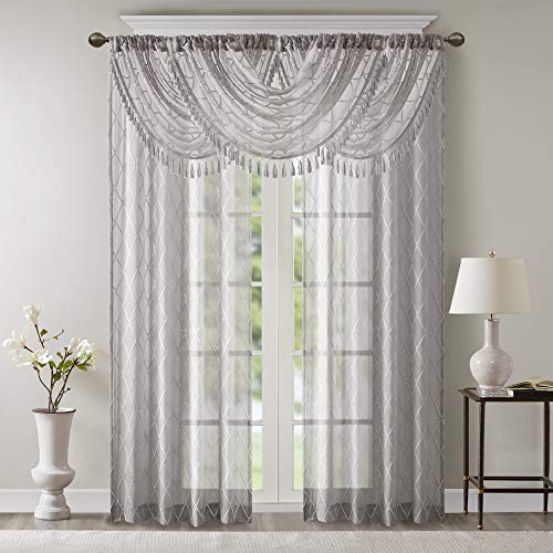 Madison Park Diamond Embroidered Sheer Ascot Valance, 38x46 Grey - color: Grey, size: 38"W x 46"L (Pack of 1)