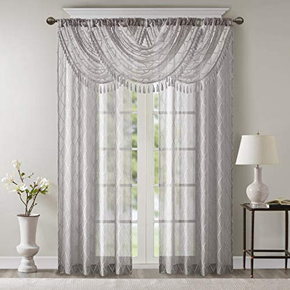 Madison Park Diamond Embroidered Sheer Ascot Valance, 38x46 Grey - color: Grey, size: 38"W x 46"L (Pack of 1)