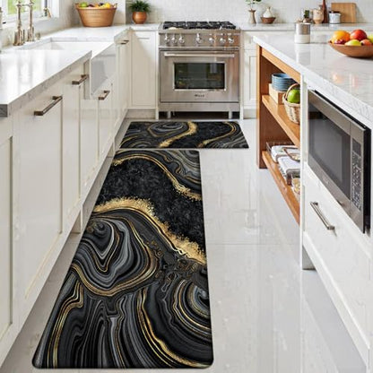 Kitchen Mats Set of 2, Cushioned Anti Fatigue Non Slip Waterproof Runner, Black Marble and Golden Veins Design, PVC Memory Foam for Kitchen Sink and Laundry - color: Black Marble 2