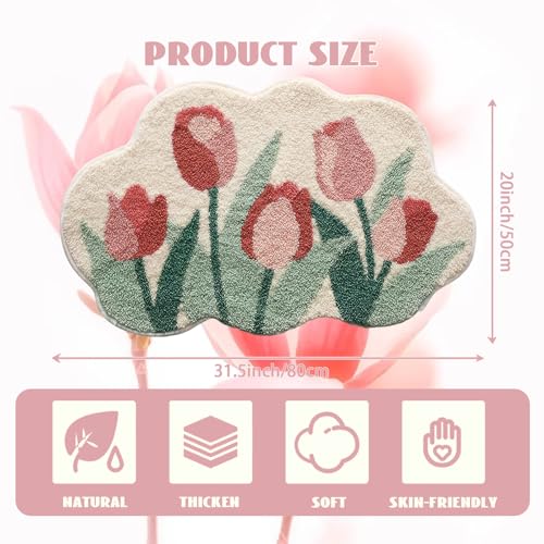 Cloud-Shaped Tulip Bath Mat, Soft Non-Slip Fluffy Fresh Flowers Bathroom Rug, Ultra Absorbent Microfiber Shaggy Door Mat, Machine Washable Bath Rug Carpet for Bathtub Bedroom 20x31 Inch (Tulip) - color: Tulip