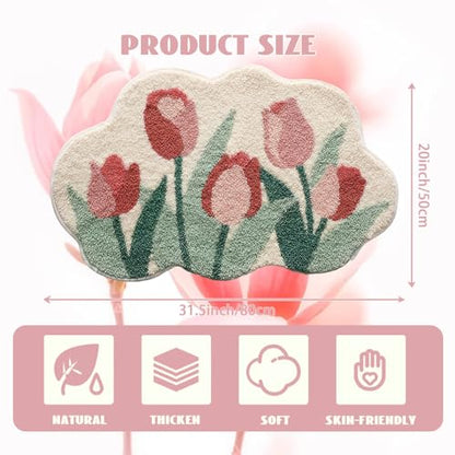Cloud-Shaped Tulip Bath Mat, Soft Non-Slip Fluffy Fresh Flowers Bathroom Rug, Ultra Absorbent Microfiber Shaggy Door Mat, Machine Washable Bath Rug Carpet for Bathtub Bedroom 20x31 Inch (Tulip) - color: Tulip