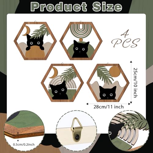 HPNIUB Boho Black Cat Wall Decor, Farmhouse Geometric Hanging Wooden Wall Art, 4 Pieces 11''x9.8'' Mid Century Bohemian Abstract Moon and Sun Wood Sign for Nursery Bedroom Decoration, Lovely Cat Gifts - color: Black cat[green style]