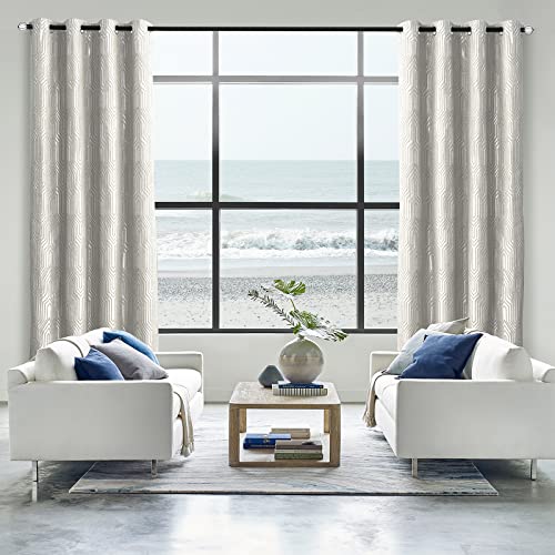 Beige and Silvery 100% Blackout Jacquard Geometric Pattern Curtains,52 Inch Wide 84 Inches Long 2 Panels, Thermal Insulated Noise Reducing Anti-Rust Grommet Drapes for Bedroom Living Room, Cream - color: Beige and Silvery, size: 52"W x 84"L (Pack of 2)
