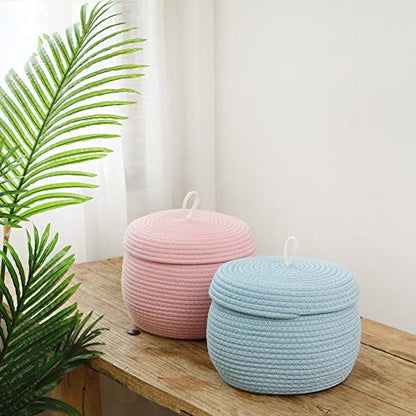 Sea Team Round Woven Cotton Rope Storage Basket with Lid, Blue - color: Blue, size: Small