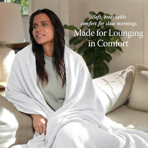 Threadmill Luxury 100% Cotton Queen Herringbone Blanket, Bright White - color: Bright White, size: Queen (90" x 92")