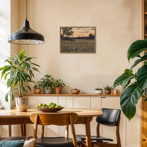 Vintage Farmhouse Wall Art, Rustic Floral Wall Decor Paintings, Twilight Firefly Artwork Painting Field Nature Landscape Canvas Prints for Bedroom Living Room 16x24 inch Wood Framed - color: Sunset, size: 24"L x 16"W