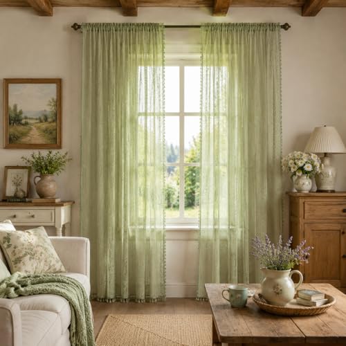 WAZZIO Boho Lace Curtains 84 inch Curtains 2 Panel,Rod Pocket Vintage Bohemian Farmhouse Crochet Cotton Geometry Privacy Sheer Curtain Drapes Farmhouse for Living Room Bedroom,Sage Green - color: Sage Green, size: 59"W x 84"L (Pack of 2)