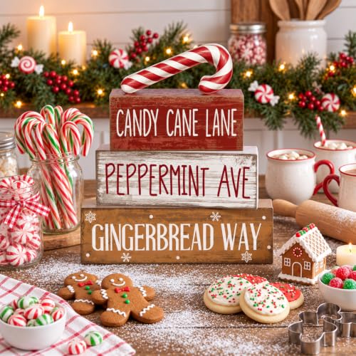 Moucuny 4 Pcs Christmas Table Decor Candy Cane Lane Sign, Wood Block Set - style: Candy Cane Lane