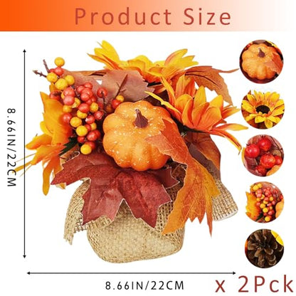 RHN Fall Centerpieces for Tables,2 Pcs Fall Table Flowers Centerpiece Decor with Pumpkin Sunflower Pinecone Berry and Maple Leaf for Autumn Thanksgiving Home Dining Table Decorations