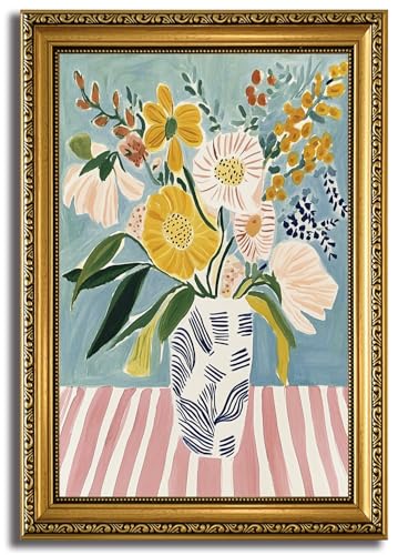 HNNXAR Gold Framed Wall Art Modern Flower Colorful Botanical Canvas Art Wall Decor Floral Vase Paintings Pastel Bouquet Pictures Abstract Prints Still Life Artwork for Bedroom Living Room - color: Floral Vase, size: 24"L x 16"W