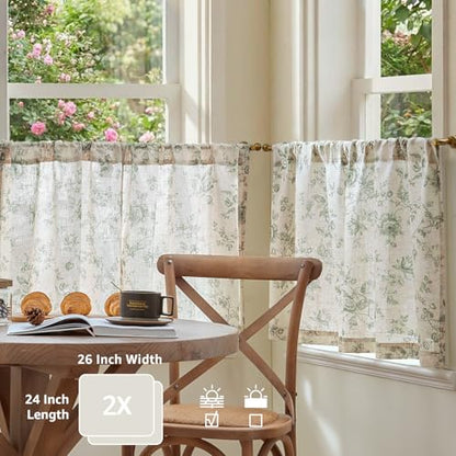 jinchan Floral Linen Kitchen Tier Curtains, 24 Inch, 2 Panels, Green - color: Amlie Green, size: 26"W x 24"L (Pack of 2)