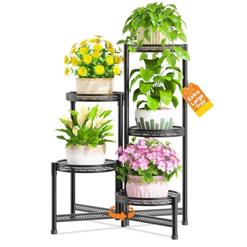 LASZOLA Plant Stand Indoor Outdoor Tall with 10 Inch Larger Tray, Black - color: Brushed Black, size: 5 Tier