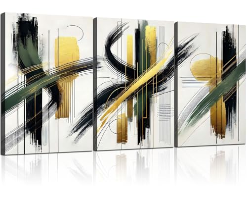 3 Pcs Framed Abstract Wall Art Modern Gallery Prints Black Green Gold Lines Canvas Painting Minimalist Poster Picture Living Room Bedroom Office Wall Decor 12x16 Inch Ready To Hang - color: Green and gold lines-1, size: 12X16Inch