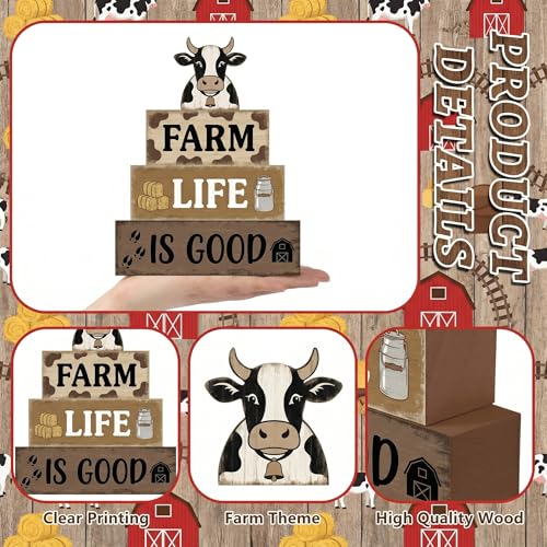 Britimes Tiered Tray Decor Set, 4 Pack, Wooden Table Sign, Farmhouse Cow - style: Black and White Cow